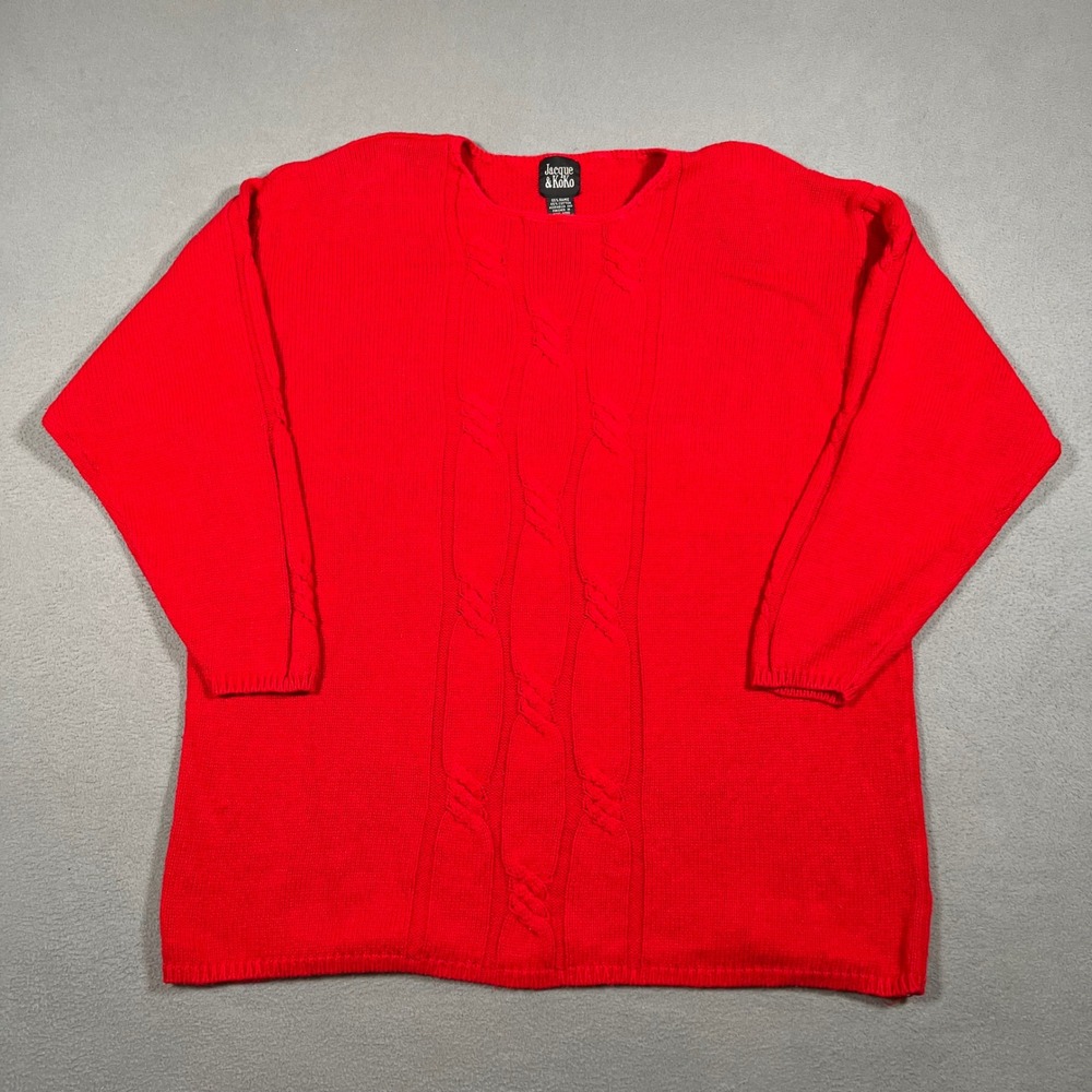 Jacque & Koko Sweater Size 18/20 Red Ramie Cable Knit Holiday Shoulder Pads VTG‎